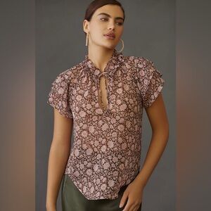 Anthropologie V Neck Flutter Sleeve Blouse Sheer Brown/ Pink Floral Print